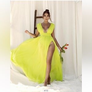 Lime Green Plunge Maxi Dress with High Thigh Slit
